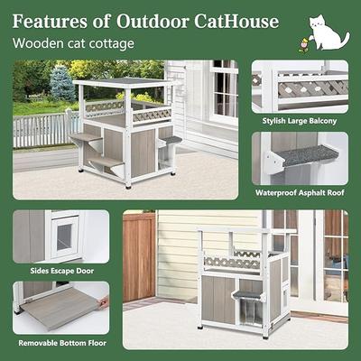 Show full view: Petscosset Outdoor Two-Story Wooden Cat House with Elevated Balcony Steps, Gray slide 3 of 9