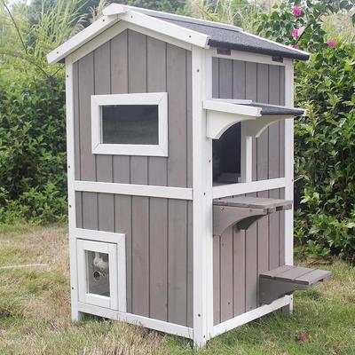 Show full view: Petscosset Outdoor Wooden Two-Story Cat House with Openable Roof, Gray slide 3 of 11