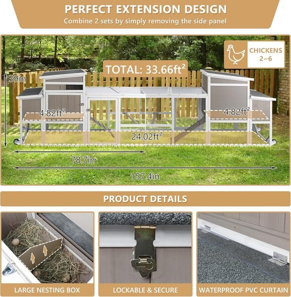 Petscosset 78-in Wooden Chicken Coop with Run, 2 to 3 Chicken Capacity, Gray
