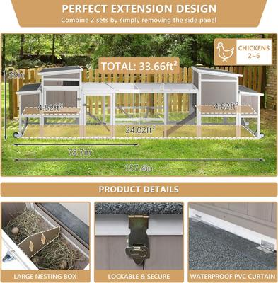 Show full view: Petscosset 78-in Wooden Chicken Coop with Run, 2 to 3 Chicken Capacity, Gray slide 6 of 9