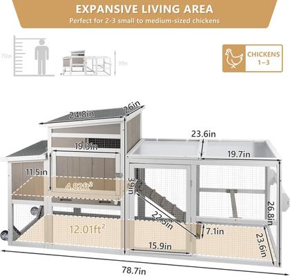 Show full view: Petscosset 78-in Wooden Chicken Coop with Run, 2 to 3 Chicken Capacity, Gray slide 2 of 9