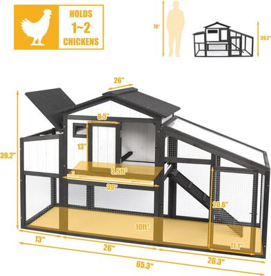 Show full view: Petscosset 65-in Wooden Chicken Coop with Run, 1 to 2 Chicken Capacity, Black slide 2 of 10