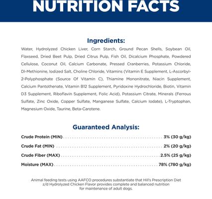 Show full view: Hill's Prescription Diet z/d Skin & Food Sensitivities Hydrolyzed Chicken Flavor Wet Dog Food, 13-oz can, case of 12 slide 5 of 13