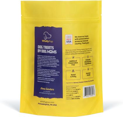 Show full view: Wholly Pup Pupitos Quinoa & Cheddar Cheese Puffs Crunchy Dog Treats, 4-oz bag slide 4 of 4