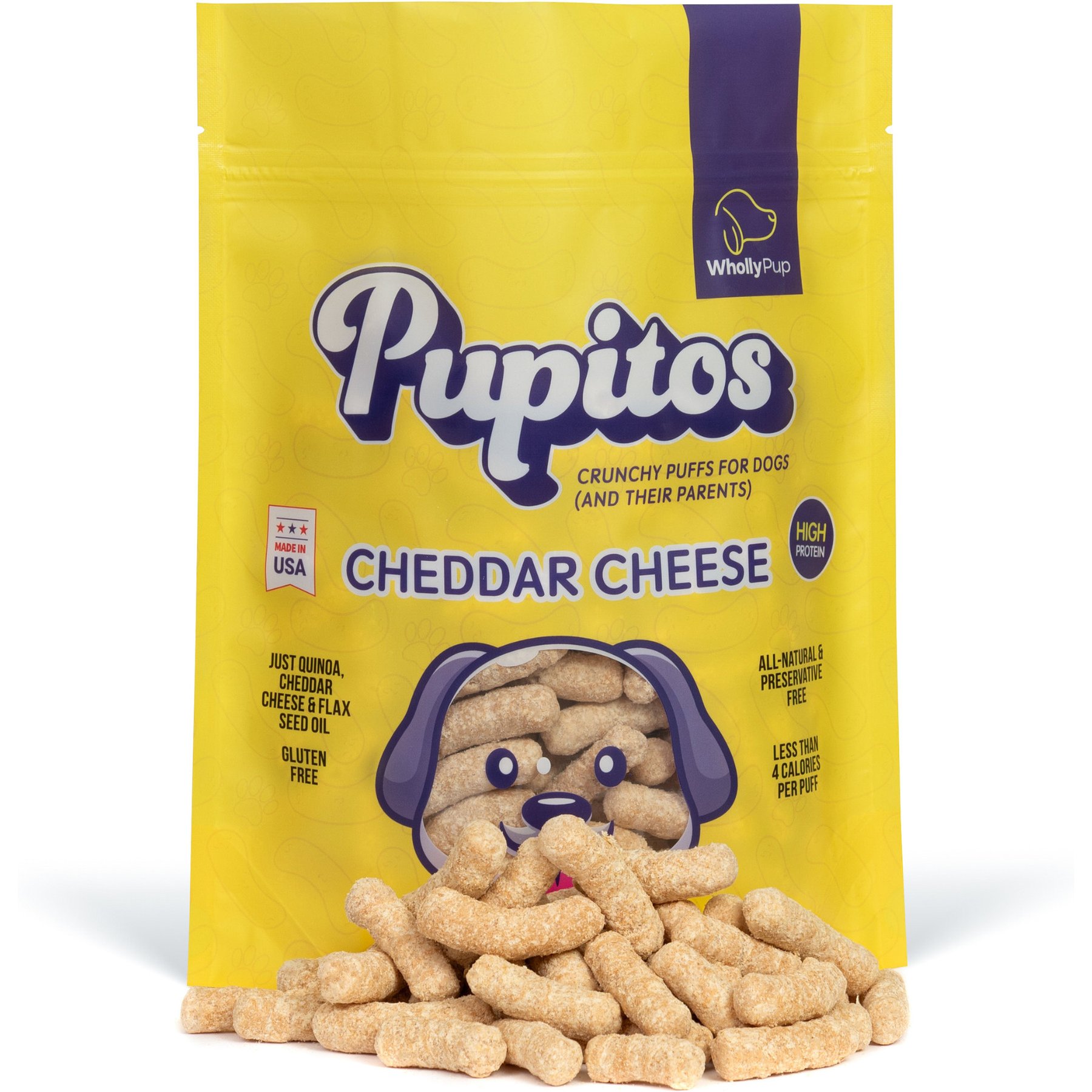 Wholly Pup Pupitos Quinoa & Cheddar Cheese Puffs Crunchy Dog Treats, 4-oz bag