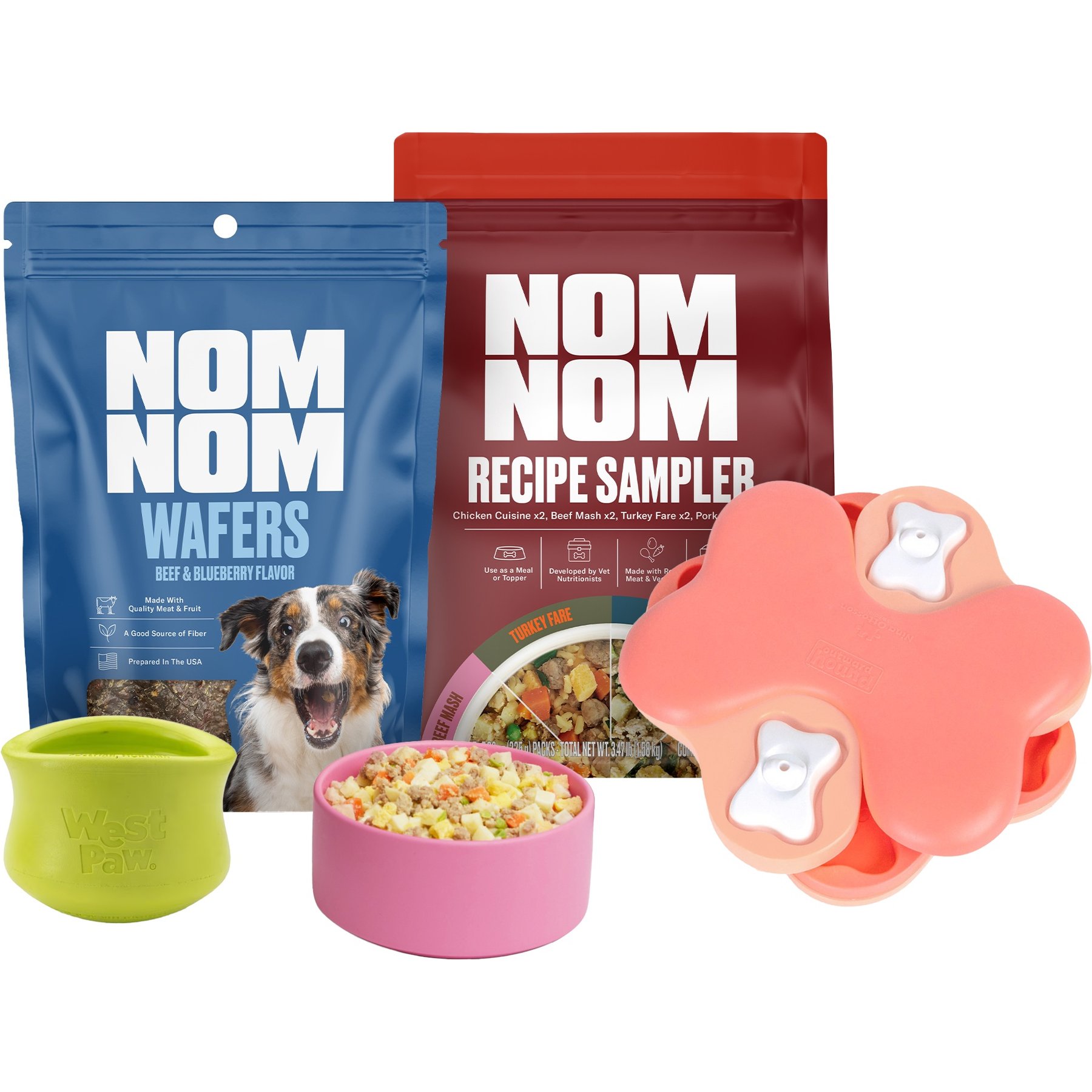 Bundle: Nom Nom Enrichment Kit: Fresh Frozen Dog Food + Beef & Blueberry Dehydrated Treats + Nina Ottosson Tornado Toy + West Paw Treat Dispensing Toy