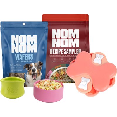 Nom Nom Nom Nom Enrichment Kit: Fresh Frozen Dog Food + Beef & Blueberry Dehydrated Treats + Nina Ottosson Tornado Toy + West Paw Treat Dispensing Toy