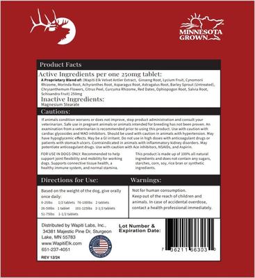 Show full view: Wapiti Labs Mobility Formula Dog Tablets Supplement, 120 tablet slide 4 of 11