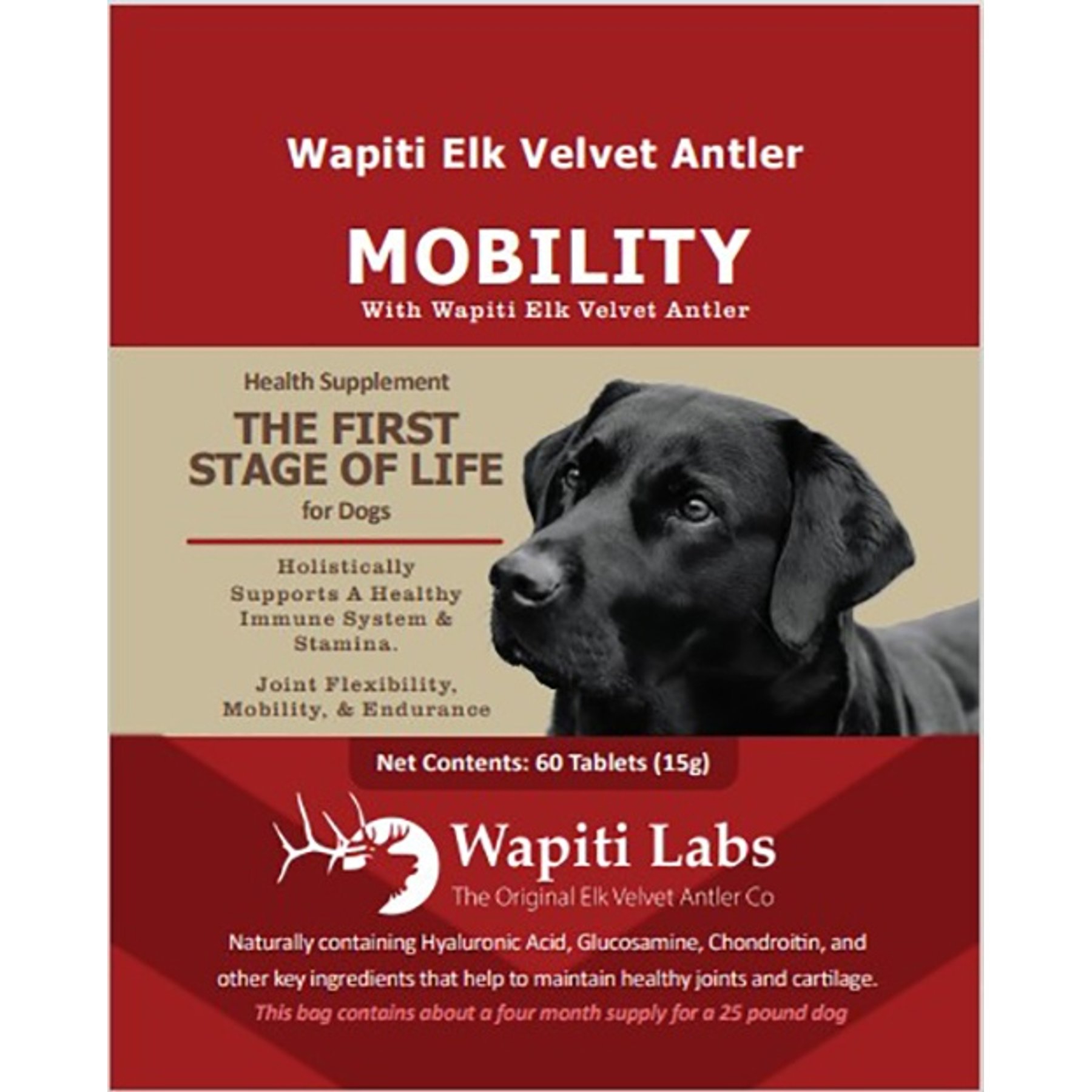 Wapiti Labs Mobility Elk Velvet Antler Tablets Dog Supplement, 60 count