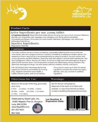 Show full view: Wapiti Labs Senior Mobility Formula Dog Tablets Supplement, 120 tablet slide 3 of 10