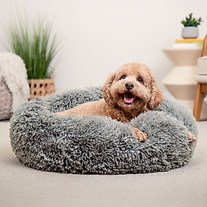 FurHaven Calming Cuddler Long Fur Donut Bolster Dog Bed, Gray, Medium