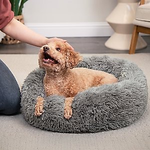 FurHaven Calming Cuddler Long Fur Donut Bolster Dog Bed, Gray, Medium