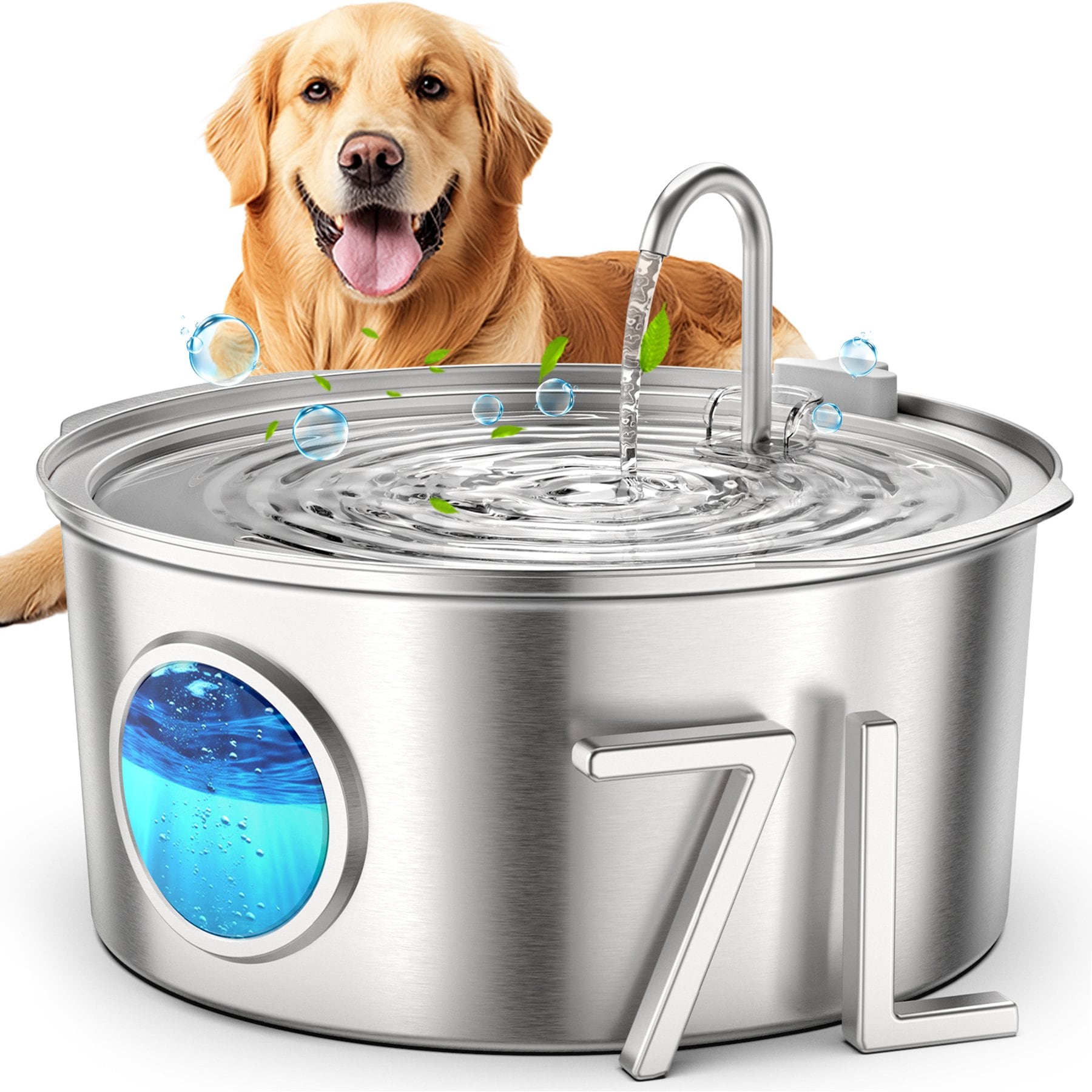 Casfuy PWS-140 Quiet Stainless Steel Dog Water Fountain with Water Level Window, 230-oz