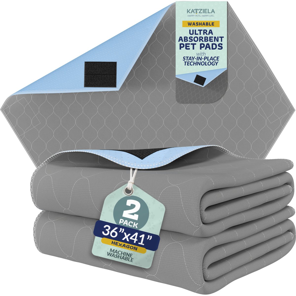 Katziela Ultra Strong Grip Washable Hexagon Dog Pee Pads, 36 x 41-in, 2 count