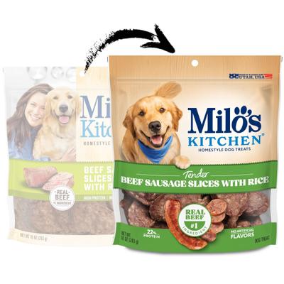 Show full view: Milo's Kitchen Beef Sausage Slices with Rice Dog Treats, 10-oz bag slide 3 of 11