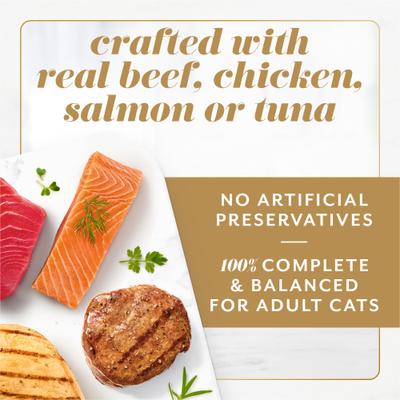 Show full view: Fancy Feast Gems Mousse Salmon, Tuna, Chicken & Beef Halo of Savory Gravy Variety Pack Pate Wet Cat Food, 2-oz tray, 24 count slide 4 of 11