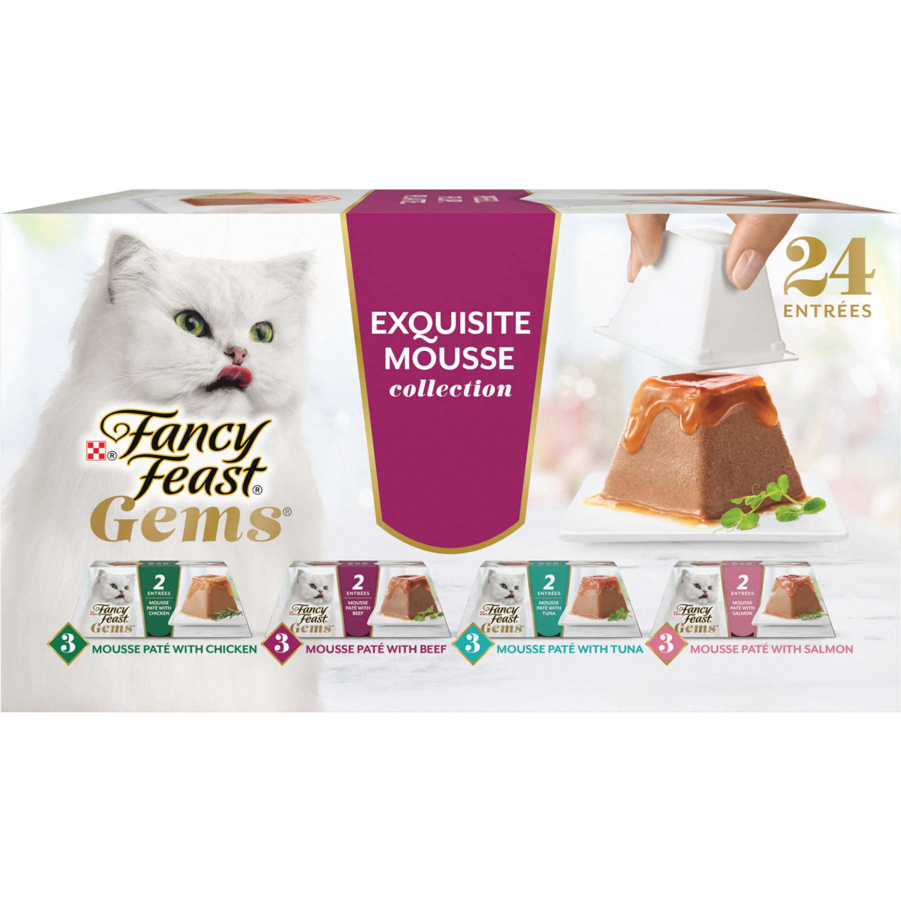 Fancy Feast Gems Mousse Salmon, Tuna, Chicken & Beef Halo of Savory Gravy Variety Pack Pate Wet Cat Food, 2-oz tray, 24 count