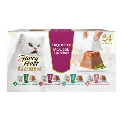 Show full view: Fancy Feast Gems Mousse Salmon, Tuna, Chicken & Beef Halo of Savory Gravy Variety Pack Pate Wet Cat Food, 2-oz tray, 24 count slide 1 of 11