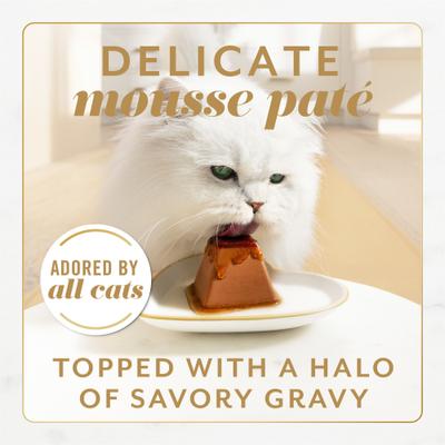 Show full view: Fancy Feast Gems Mousse Salmon, Tuna, Chicken & Beef Halo of Savory Gravy Variety Pack Pate Wet Cat Food, 2-oz tray, 24 count slide 3 of 11