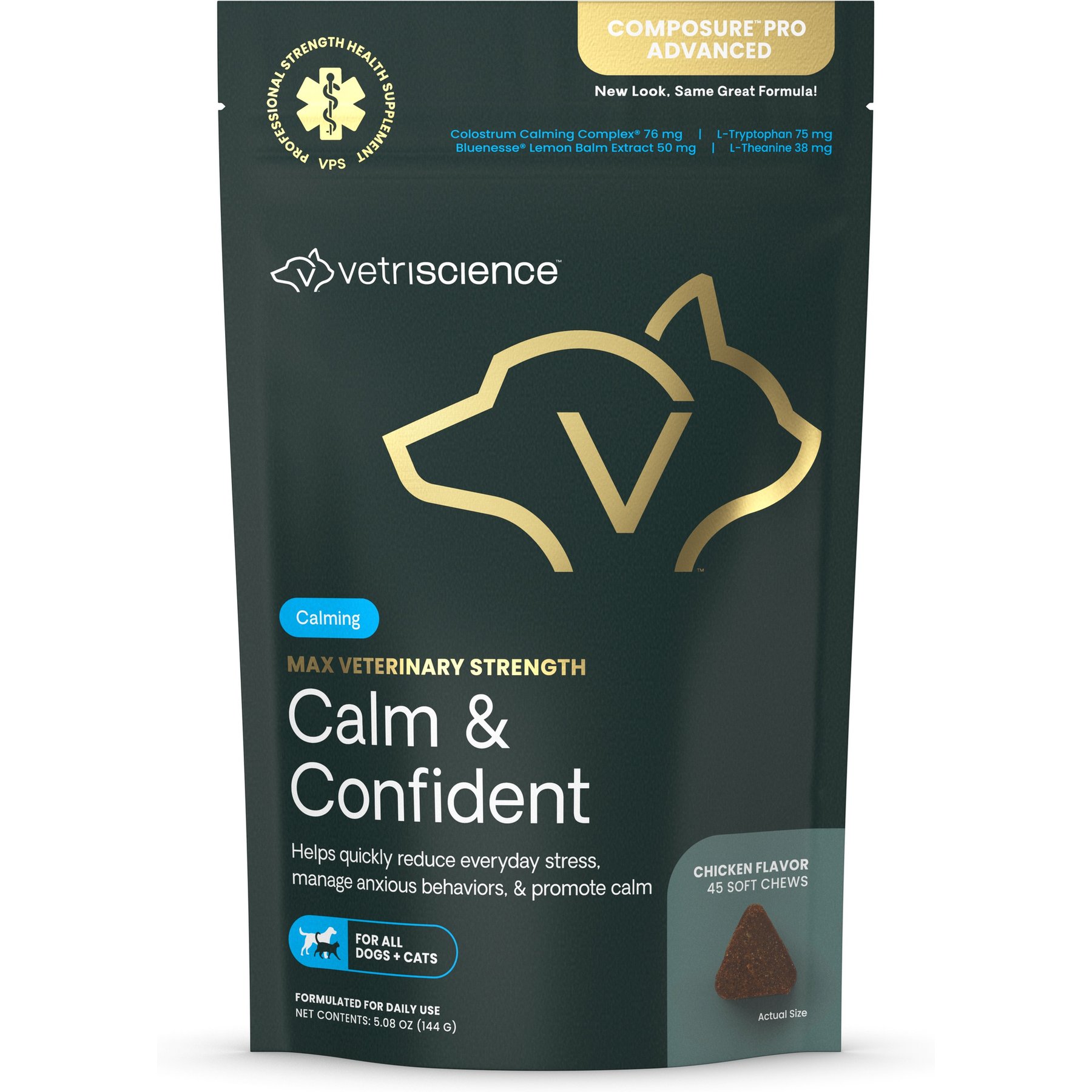 VetriScience Max Veterinary Strength Calm & Confident Thunderstorms Support Chicken Flavored Supplement Chews Calming & Anxiety Supplement for Dogs & Cats, 45 count