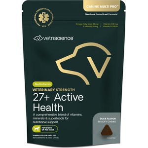 VetriScience Veterinary Strength 27+ Active Health Duck Flavored Supplement Chews for Dogs, 60 Count