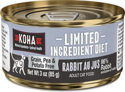 KOHA Limited Ingredient Diet Rabbit Au Jus Grain-Free Pate Wet Cat Food, 3-oz can, case of 3