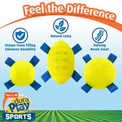 Show full view: Hartz Dura Play Sports Baseball Dog Toy, Yellow & Blue, Bacon Scented, 3 count slide 5 of 8