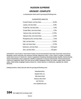 Show full view: Hudson Feeds Swine Feeds Supreme Grower Complete Pig Food, 50-lb bag slide 3 of 8