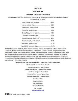 Show full view: Hudson Feeds 18% Multi-Flock Grower/Finisher Complete Poultry Feed, 50-lb bag slide 3 of 9