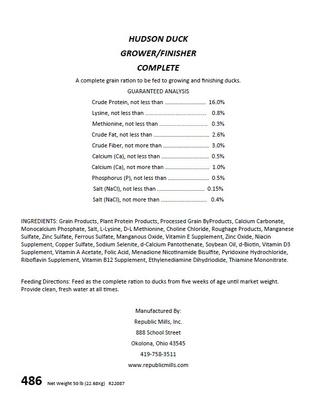 Show full view: Hudson Feeds Duck Grower & Finisher 16% Complete Plain Food, 50-lb bag slide 3 of 9