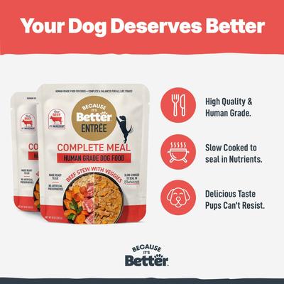 Show full view: Because It's Better Entree Complete Meal Beef Stew with Veggies Wet Dog Food, 10-oz pouch, case of 6 slide 4 of 8
