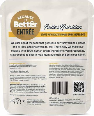 Show full view: Because It's Better Entree Complete Meal Lamb Stew with Rice Wet Dog Food, 10-oz pouch, case of 6 slide 3 of 9