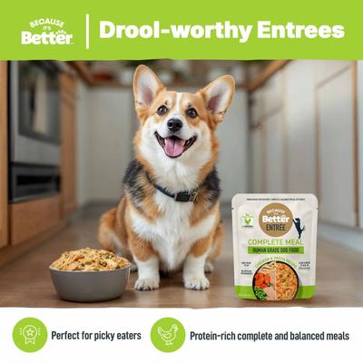 Show full view: Because It's Better Entree Complete Meal Chicken & Pasta Recipe Wet Dog Food, 10-oz pouch, case of 6 slide 5 of 8