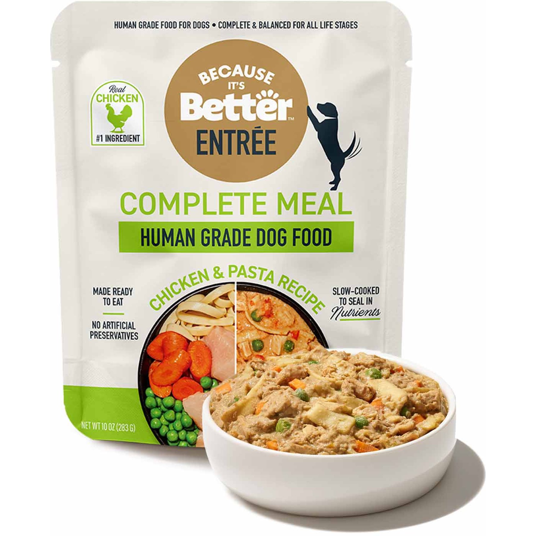 Because It's Better Entree Complete Meal Chicken & Pasta Recipe Wet Dog Food, 10-oz pouch, case of 6