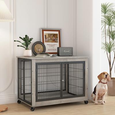 Show full view: Zeus & Ruta Furntiure Style Side Table Double Door Dog Crate, Gray slide 3 of 6