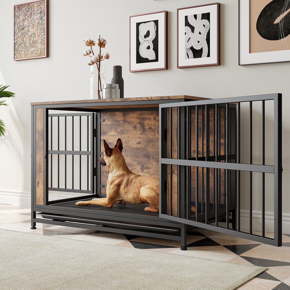 Cesicia Wooden Dog Kennel, Black Brown, 38.90 x 23.78 x 28.07-in
