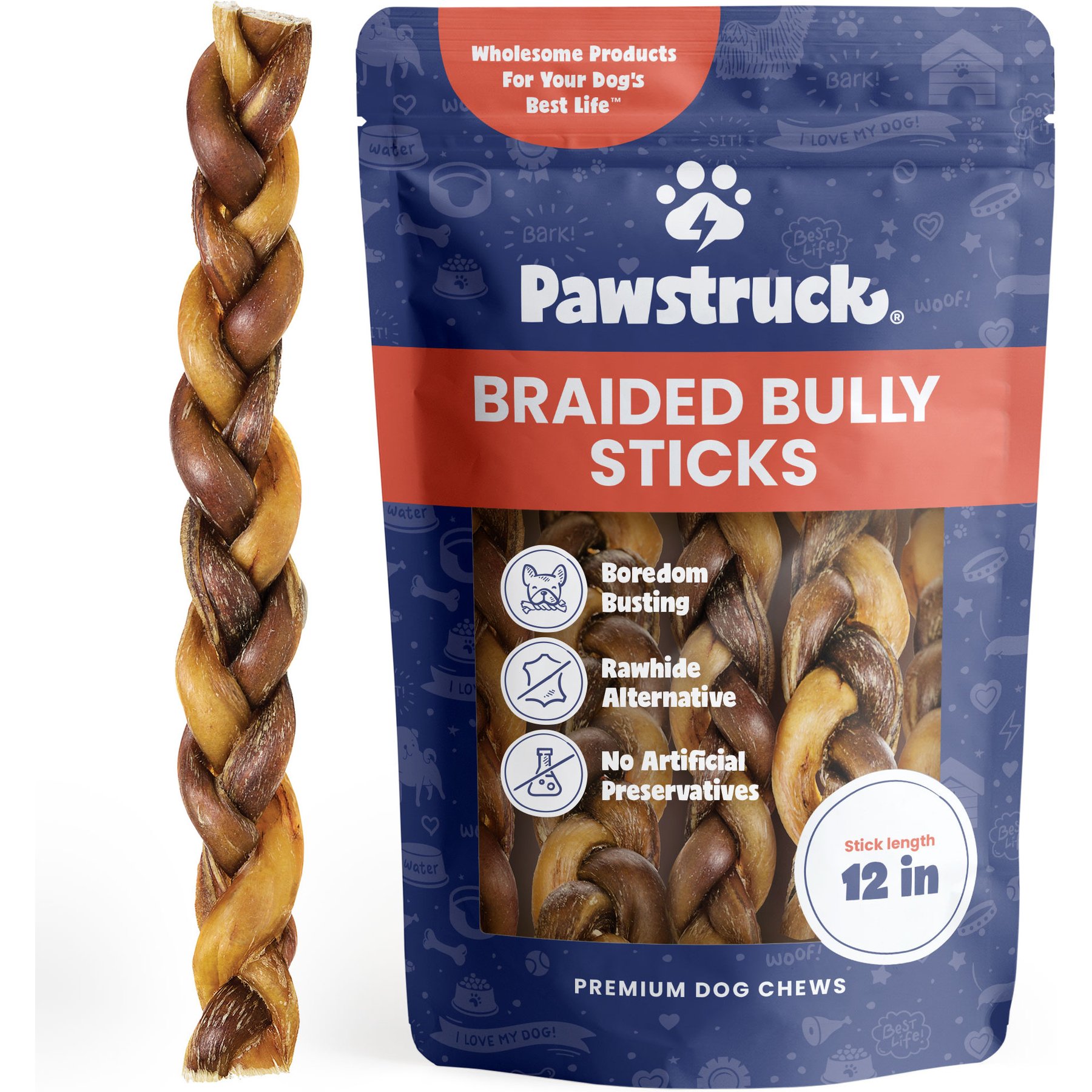 Pawstruck Braided Bully Sticks Dog Treats, 1-lb bag, 12-in