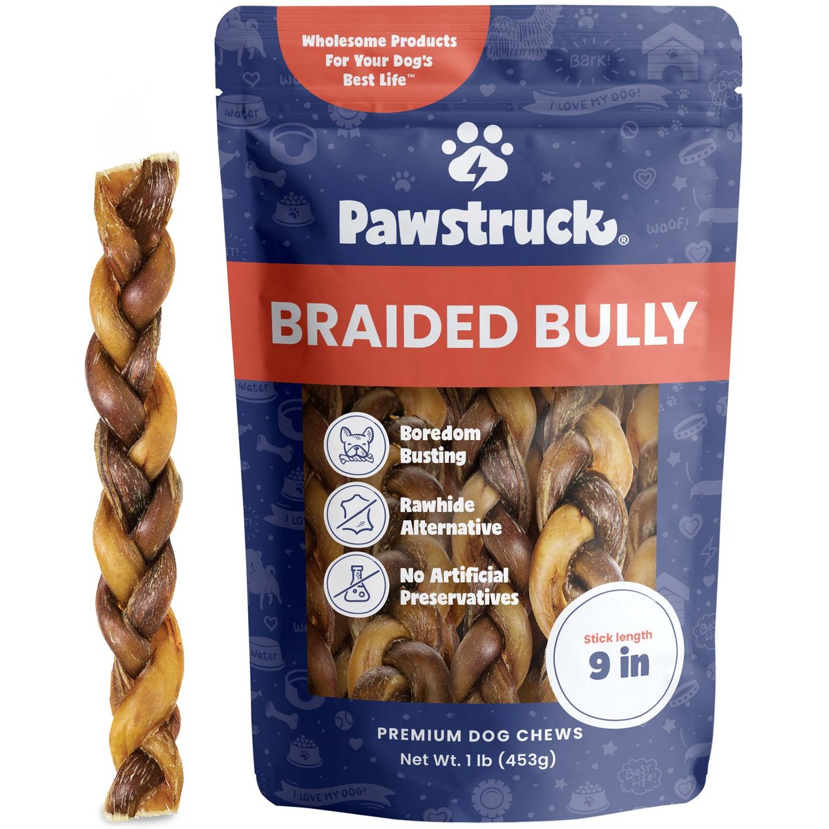 Pawstruck Braided Bully Sticks Dog Treats, 1-lb bag, 9-in