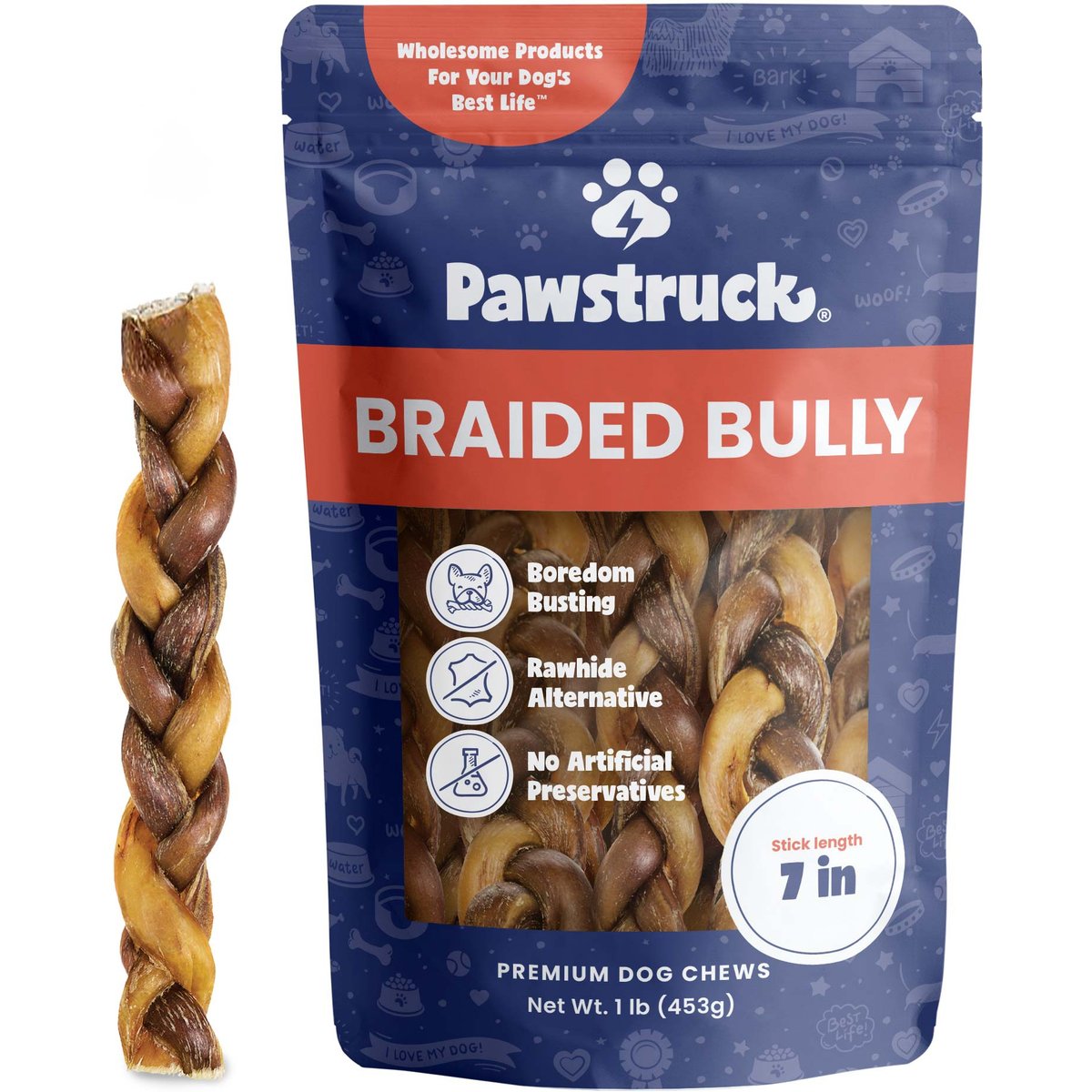 Pawstruck Braided Bully Sticks Dog Treats, 1-lb bag, 7-in
