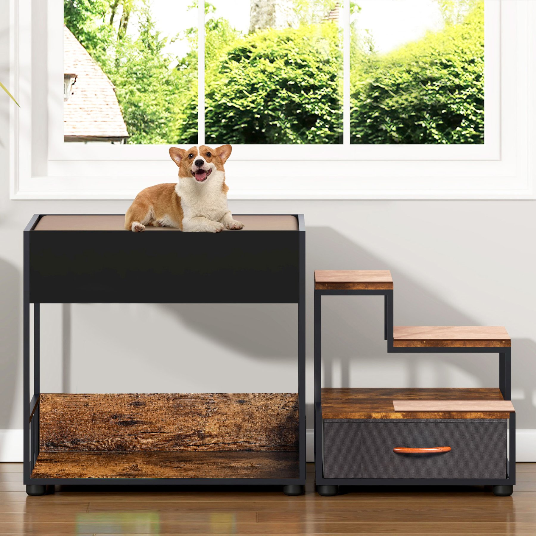 Yafylly Multi-Level Elevated Dog & Cat Bed with Storage, Brown