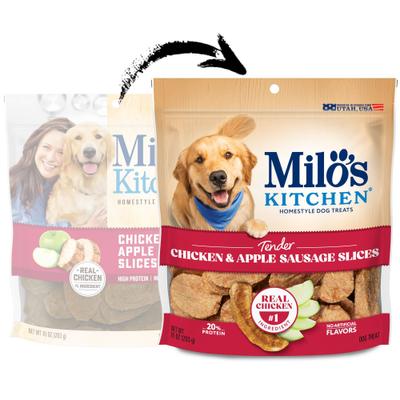 Show full view: Milo's Kitchen Chicken & Apple Sausage Slices Dog Treats, 10-oz bag, bundle of 5 slide 3 of 12