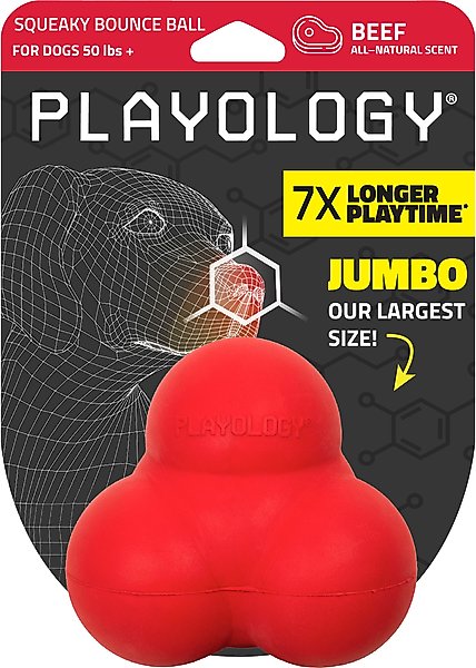 PLAYOLOGY Beef Scented Squeaky Bounce Ball Dog Toy, Jumbo