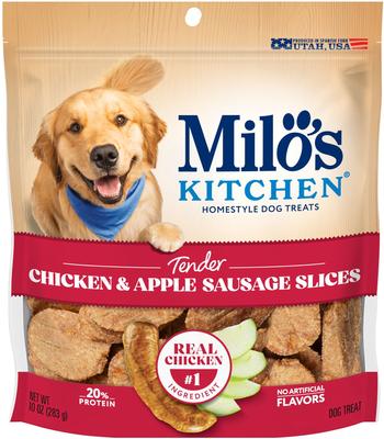 Show full view: Milo's Kitchen Chicken & Apple Sausage Slices Dog Treats, 10-oz bag, bundle of 5 slide 10 of 12