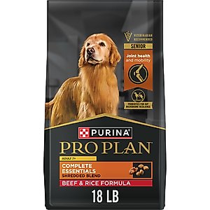Purina Pro Plan Complete Essentials Adult 7+ Shredded Blend Beef & Rice High Protein Formula with Probiotics Dog Food, 18-lb bag
