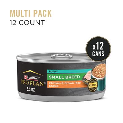 Show full view: Purina Pro Plan Puppy Small Breed High-Protein Chicken & Brown Rice Entree Wet Dog Food, 5.5-oz can, case of 24 slide 3 of 12