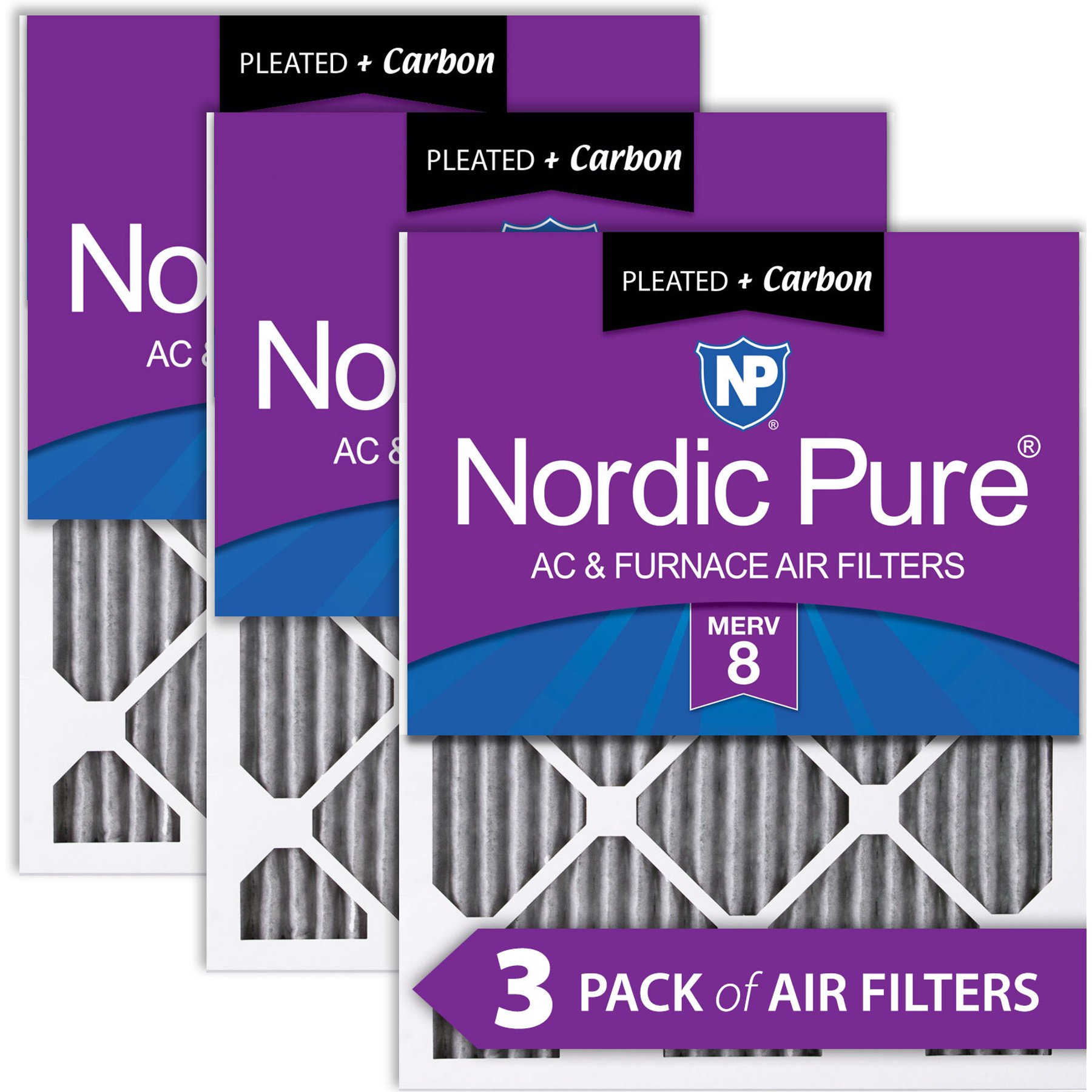 Nordic Pure MERV 8 Pleated Plus Carbon Furnace Air Filters, 20 x 30 x 1-in, 3 count