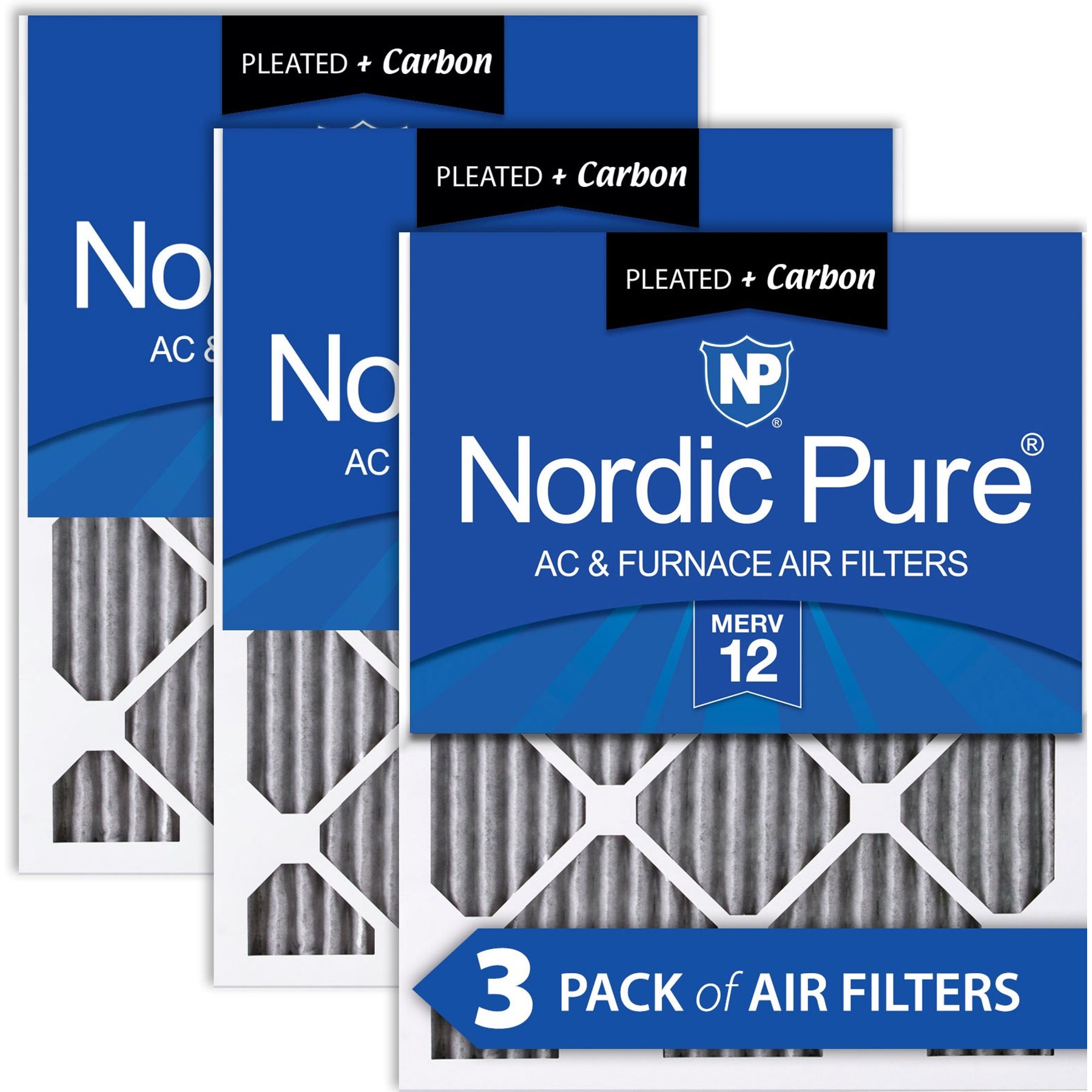 Nordic Pure MERV 12 Pleated Plus Carbon Furnace Air Filters, 16 x 20 x 1-in, 3 count