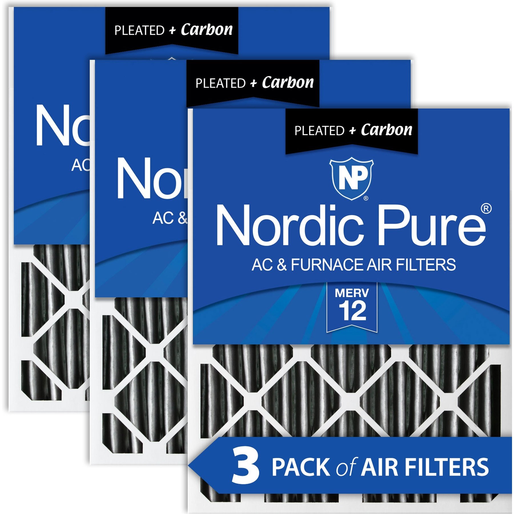 Nordic Pure MERV 12 Pleated Plus Carbon Furnace Air Filters, 16 x 20 x 2-in, 3 count