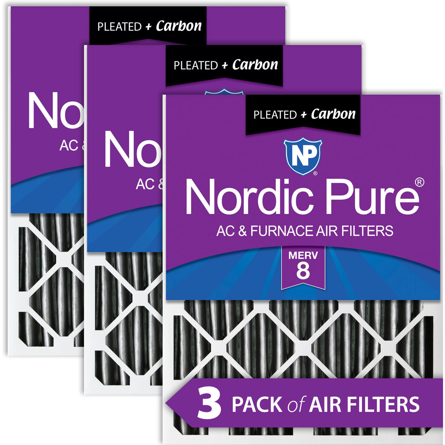 Nordic Pure MERV 8 Pleated Plus Carbon Furnace Air Filters, 20 x 25 x 2-in, 3 count