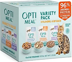 Optimeal Digestive Indoor Health Chicken, Beef, Shrimp Variety Pack Grain-Free Wet Cat Food, 3-oz pouch, case of 12